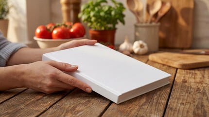 Woman&rsquo;s hands holding a closed blank white hardcover cookbook on a rustic wooden kitchen table. Fresh vegetables, herbs, and kitchen utensils in the background create a warm, authentic cooking