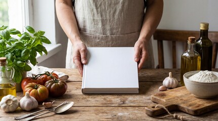 Woman&rsquo;s hands holding a closed blank white hardcover cookbook on a rustic wooden kitchen table. Fresh vegetables, herbs, and kitchen utensils in the background create a warm, authentic cooking