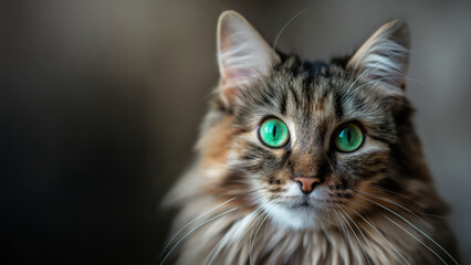 Obraz premium Cat portrait on dark blurred background. Cozy pet concept.