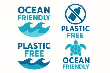 Ocean friendly and plastic free icons featuring waves, turtles, and recycle symbols