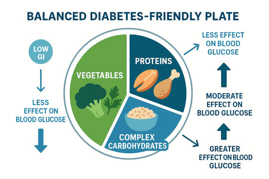 Balanced diabetes-friendly plate with vegetable, protein, and carbohydrate portions