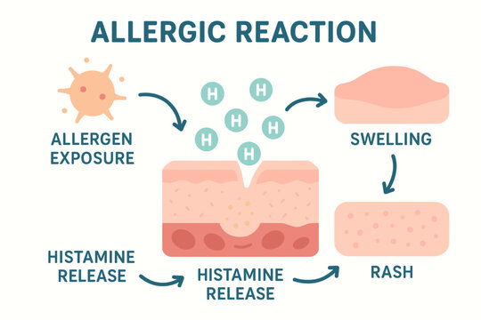 Allergic reaction process: allergen exposure, histamine release, swelling, rash