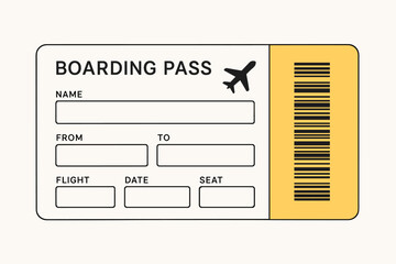 Blank airline boarding pass template with barcode and airplane icon
