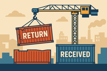 Crane lifting shipping container marked 'return' above 'received' container in industrial setting