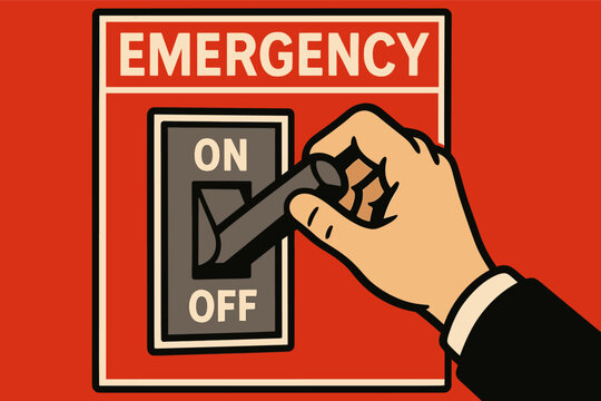 Cartoon hand switching emergency lever on red background