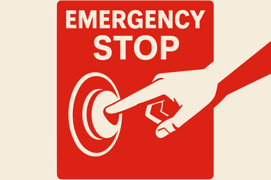of a hand pressing emergency stop button in bold red and white design