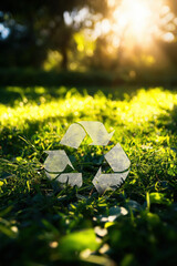 Recycling symbol on green grass in sunlight. Earth Day sustainability concept.
