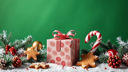 Christmas festive background with gift box candy cane gingerbread cookies and fir branches on snow.