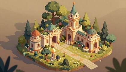 Charming Isometric Fantasy Castle with Lush Greenery and Detailed Architecture.