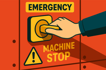 Hand pressing emergency machine stop button on red control panel
