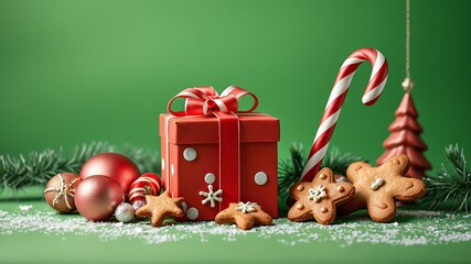 Christmas festive decorations with gift box gingerbread cookies and ornaments on green background.