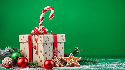 Christmas Gift Box with Candy Cane and Ornaments on Green Background.