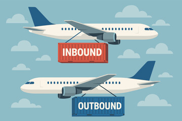 Airplanes transporting inbound and outbound cargo containers in the sky