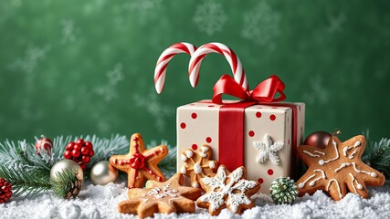 Christmas Gift Box with Candy Canes and Gingerbread Cookies on Snow.