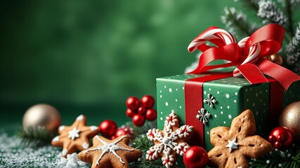 Christmas Gift Box with Gingerbread Cookies and Ornaments on Snowy Surface.