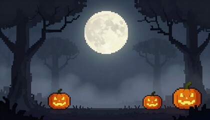 Pixel Art Halloween Night with Pumpkins and Full Moon in Spooky Forest.