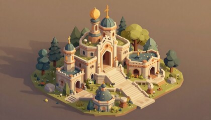 Stylized Medieval Castle with Towers and Trees.