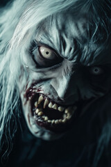 Scary monster face in dark closeup. Halloween horror concept.