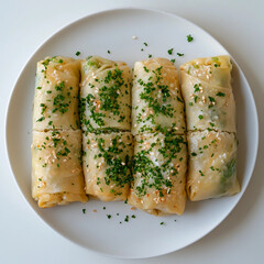 Cabbage rolls filled with vegetables served on a white plate with herbs and sesame seeds