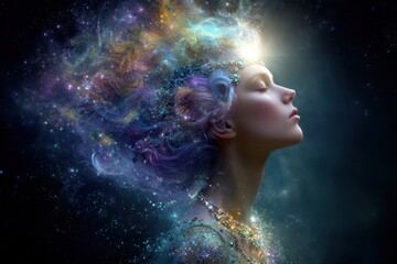An ethereal woman with closed eyes and vibrant cosmic hair that resembles a nebula, surrounded by starlight. Her expression is serene, exuding a sense of calm and otherworldly elegance