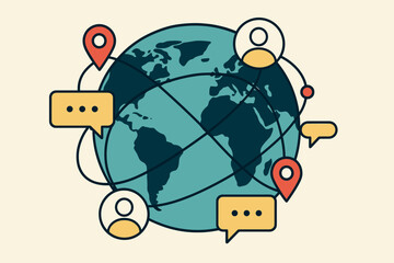 Global communication network illustrated with speech bubbles and connection lines