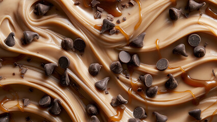Caramel swirl dessert with chocolate chips. Sweet indulgence concept.