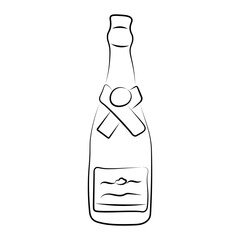Hand drawn champagne bottle doodle with label and bow, festive celebration illustration perfect for party invitations, stickers and coloring pages