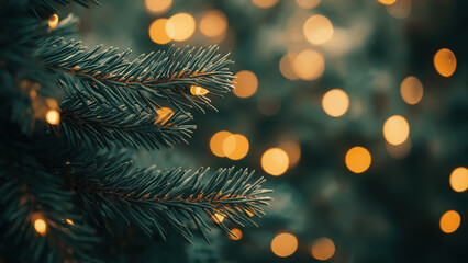Evergreen needles with sparkling holiday lights bokeh. Christmas holiday concept.