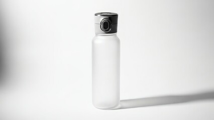 Frosted smart water bottle with digital cap on white studio surface