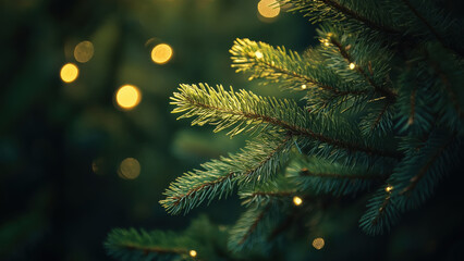 Green fir branch with soft golden bokeh lights. Christmas holiday concept.