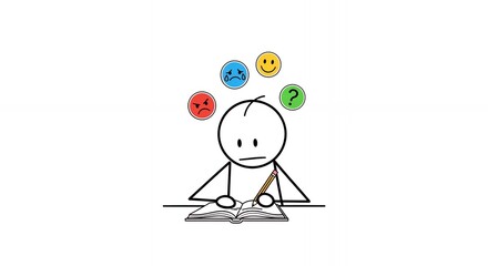 Confused Stickman Surrounded by Emotions on White Background