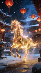 Magical Year of the Horse Concept with Glowing Golden Horse and Red Lanterns in Winter