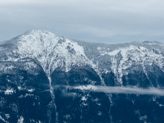Snow-Capped Mountain Range With Dense Forest In BC, Canada Winter Landscape View
