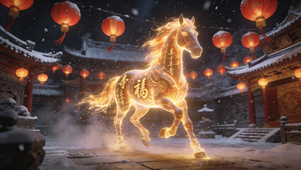 Magical Year of the Horse Concept with Glowing Golden Horse and Red Lanterns in Winter