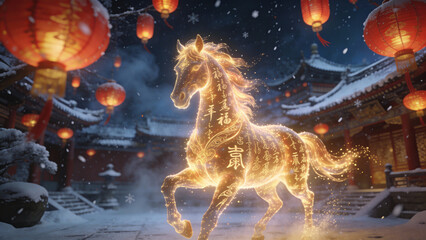 Magical Year of the Horse Concept with Glowing Golden Horse and Red Lanterns in Winter
