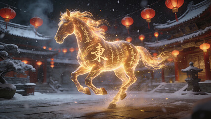Magical Year of the Horse Concept with Glowing Golden Horse and Red Lanterns in Winter