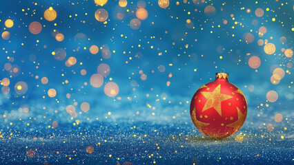 Red Christmas ornament on blue glitter bokeh background. Christmas holiday concept.
