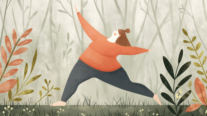 Woman doing yoga warrior pose in misty forest. Mindfulness wellness concept.