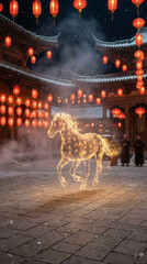 Magical Year of the Horse Concept with Glowing Golden Horse and Red Lanterns in Winter