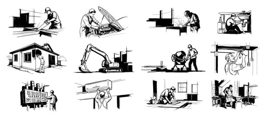 Skilled tradesman and construction worker sketch set including mechanic welder and electrician
