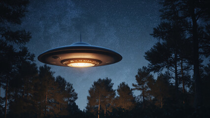 Closeup underside of UFO with glowing lights above forest. Science fiction concept.