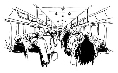 Crowded subway train interior sketch with passengers standing and commuting urban scene