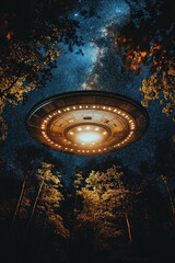 Disc shaped UFO in starry sky framed by tree branches. Science fiction concept.