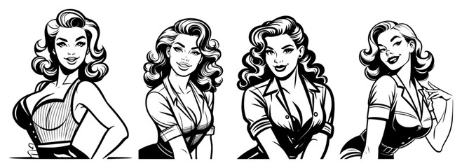 Retro pin-up girl portrait set featuring smiling vintage women in classic 1950s fashion sketch