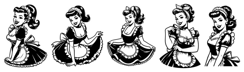 Retro maid pin-up girl collection featuring vintage housekeeper women in uniforms and aprons sketch set
