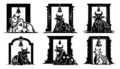 Sacred Indian cow and bull silhouette set sitting under temple archway with hanging bell