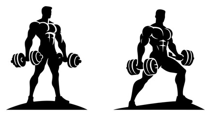 Bodybuilder silhouette set featuring muscular man holding dumbbells in fitness poses vector illustration