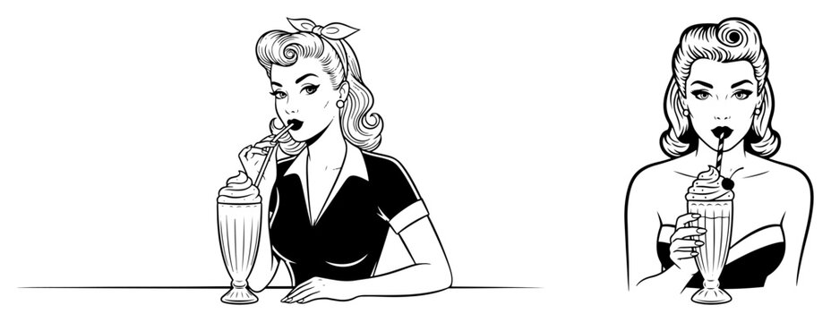 Retro pin-up girl drinking milkshake sketch set vintage woman with beverage illustration