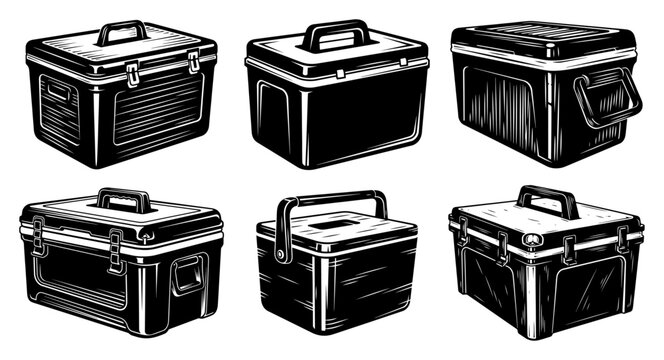 Portable cooler box and ice chest sketch collection camping storage equipment vector