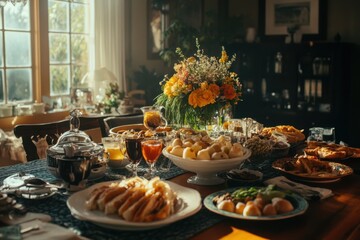 A festive table displays a rich assortment of food and drinks for a delightful meal.